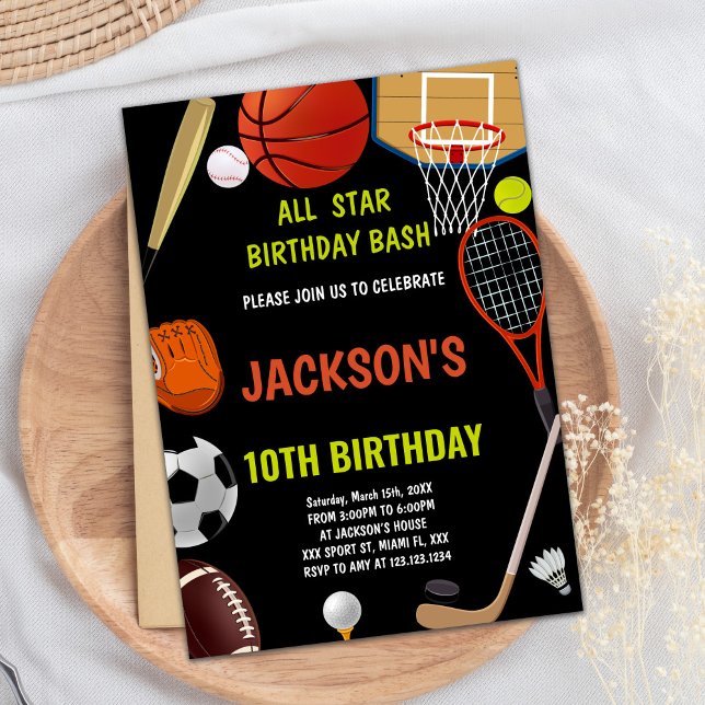 Invitaciones de cumpleaños para deportes de Naranj (Brown Orange Black Sports Birthday Invitations)