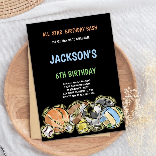 Invitaciones de cumpleaños para deportes negros (Black Sports Birthday Invitations)