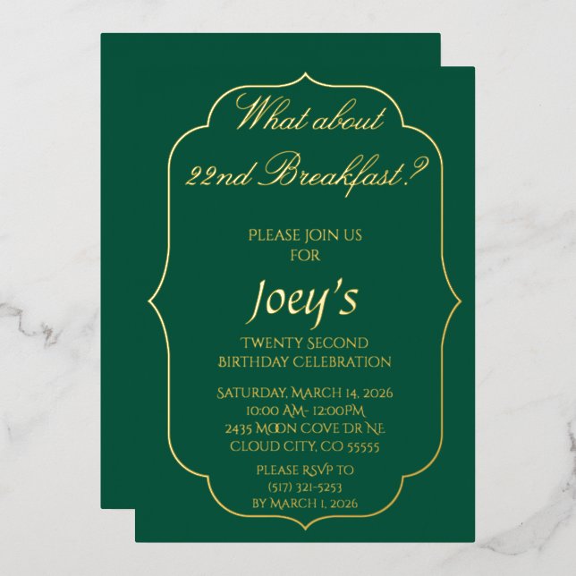 Invitaciones de cumpleaños para desayuno Verde y D (Anverso/Reverso)