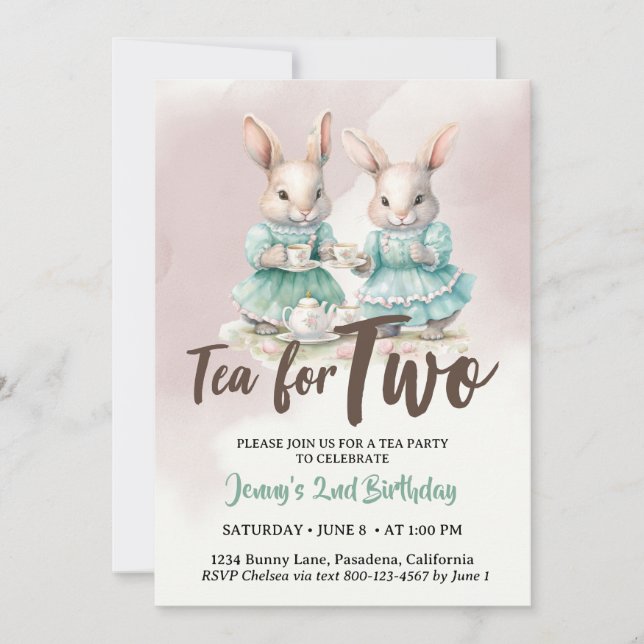 Invitaciones de cumpleaños para dos de té Bunny Ra (Anverso)