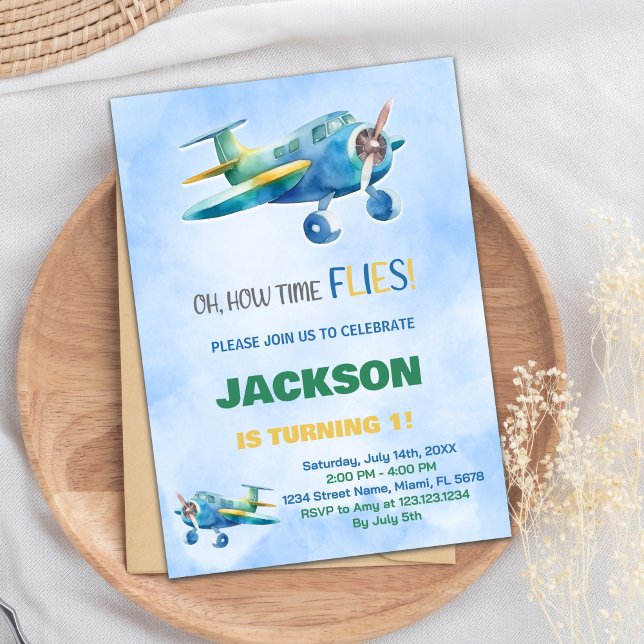 Invitaciones de cumpleaños para el avión azul verd (Blue Green Airplane Birthday Invitations)