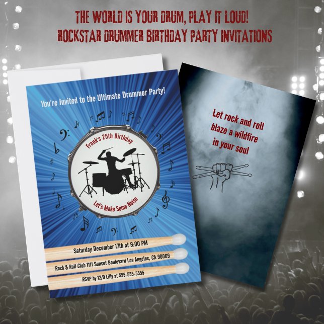 Invitaciones de cumpleaños para el baterista defin (Ultimate Drummer Birthday Party Invitations)