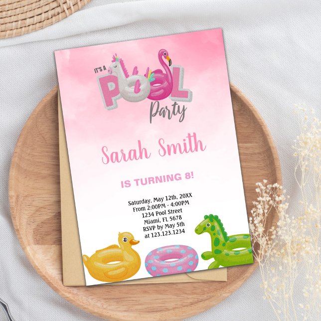 Invitaciones de cumpleaños para el grupo de flamin (Unicorn Flamingo Pool Birthday Invitations)