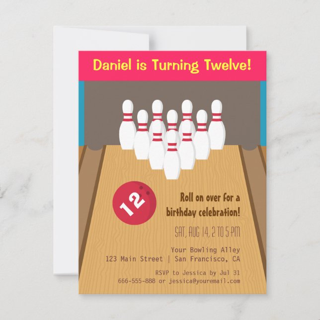 Invitaciones de cumpleaños para fiesta de bolos (Anverso)