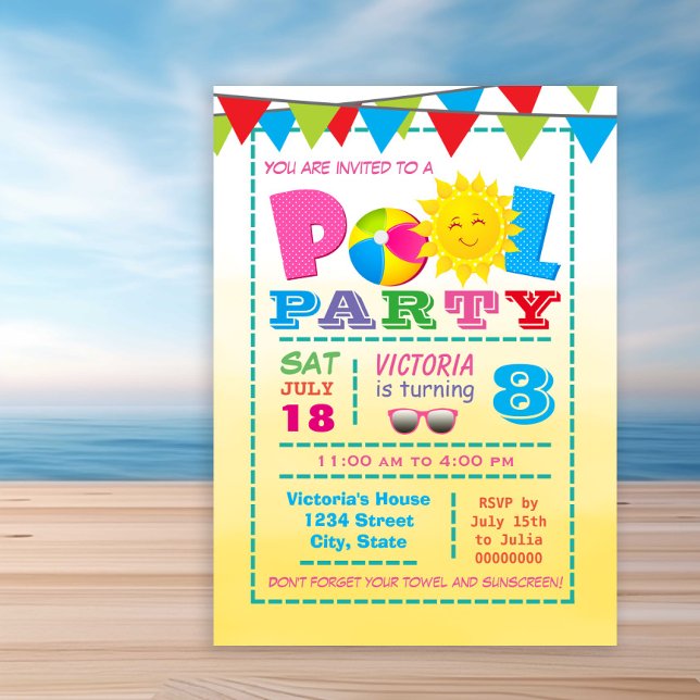 Invitaciones de cumpleaños para fiesta de niñas en (Cute any number pool birthday party invitation. Simply add your event details.)