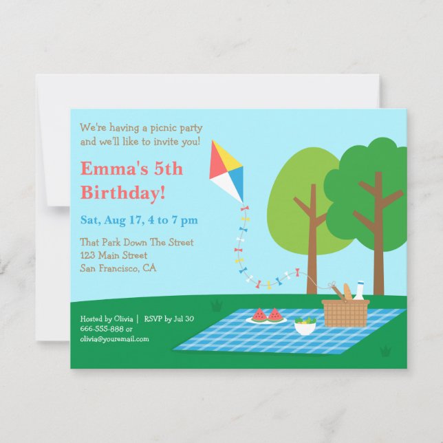 Invitaciones de cumpleaños para fiesta de picnic e (Anverso)