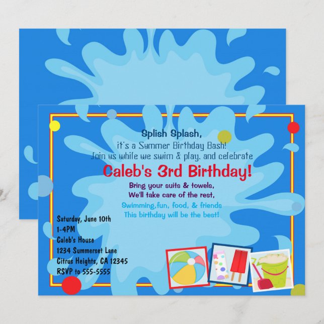 Invitaciones de cumpleaños para fiesta de piscina  (Anverso / Reverso)