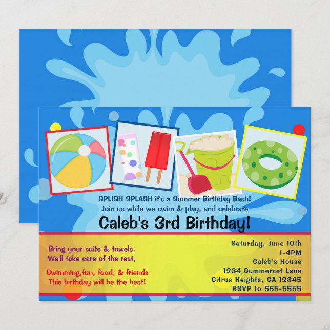 Invitaciones de cumpleaños para fiesta de piscina  (Anverso / Reverso)