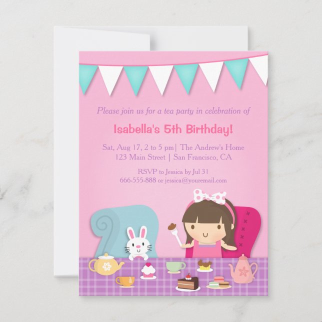 Invitaciones de cumpleaños para fiesta de té de ni (Anverso)