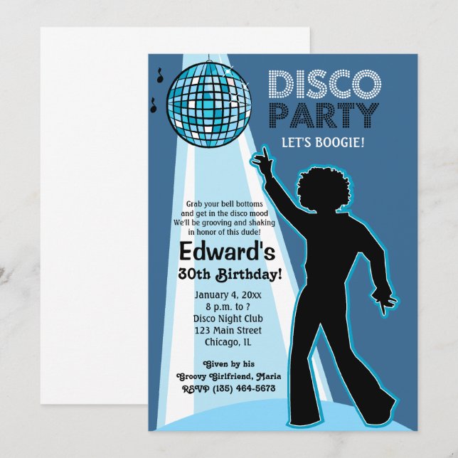 Invitaciones de cumpleaños para fiesta Disco (Anverso / Reverso)