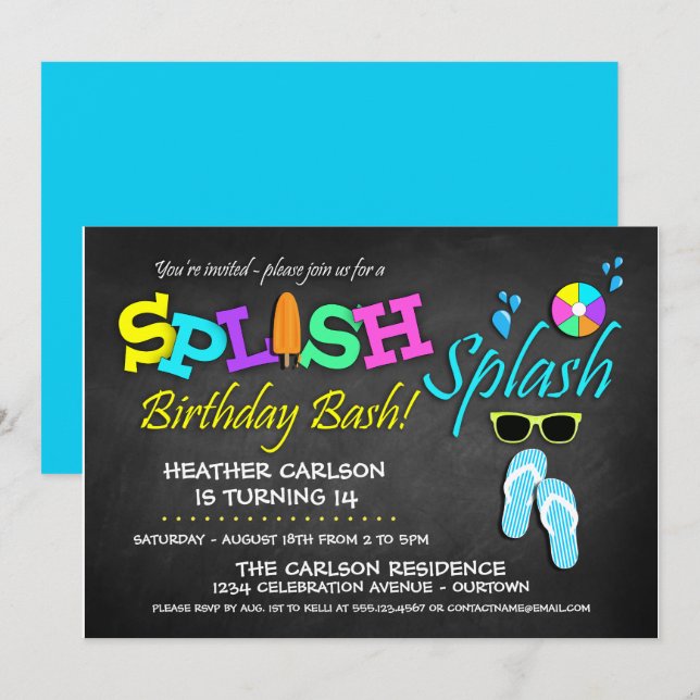 Invitaciones de cumpleaños para fiesta en la pisci (Anverso / Reverso)