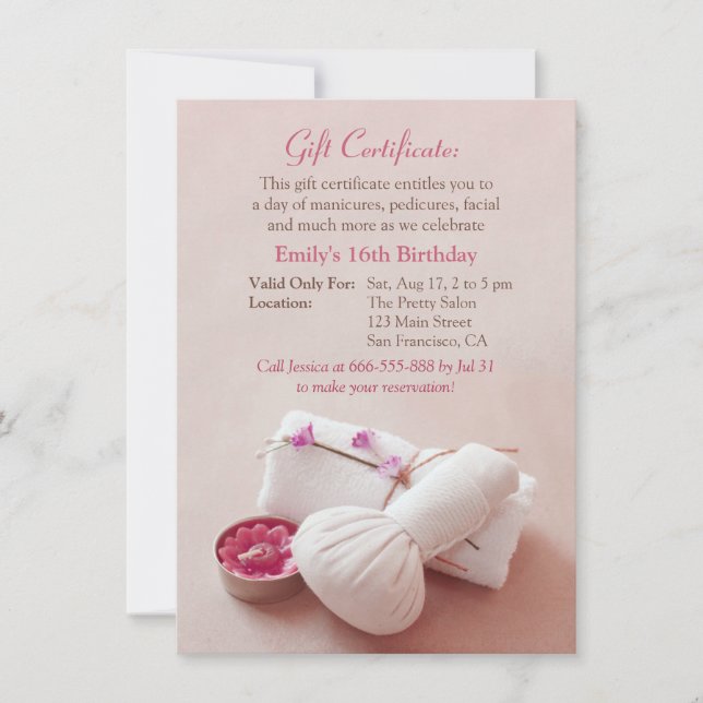 Invitaciones de cumpleaños para fiestas de spa con (Anverso)