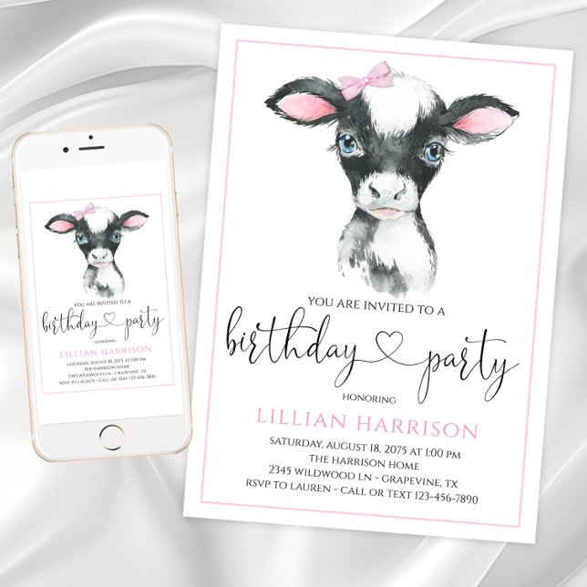 Invitaciones de cumpleaños para granja de vaquilla (Girl cow birthday party invitations with adorable calf. Digital files and printed are available.)