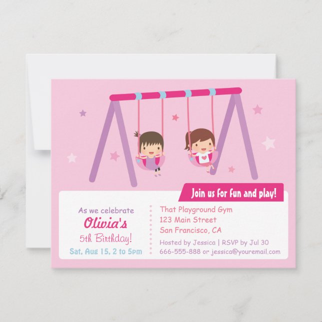 Invitaciones de cumpleaños para niñas al columpio  (Anverso)