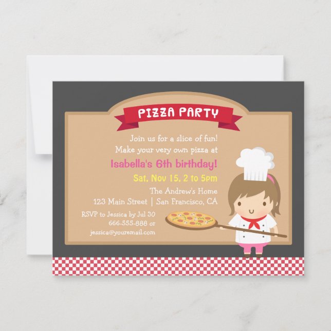 Invitaciones de cumpleaños para niñas chefs de piz (Anverso)