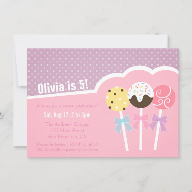 Invitaciones de cumpleaños para niñas con Cake Pop (Anverso)