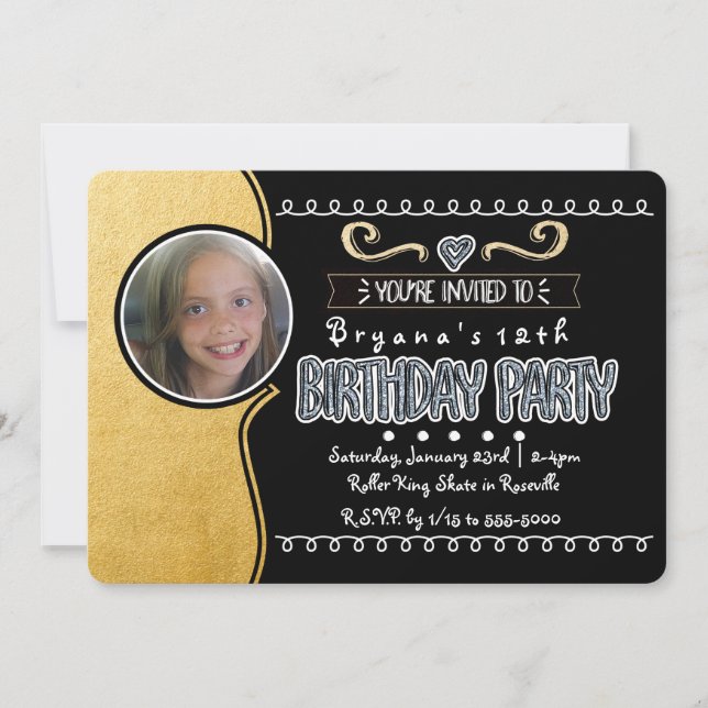 Invitaciones de cumpleaños para niñas con foil dor (Anverso)