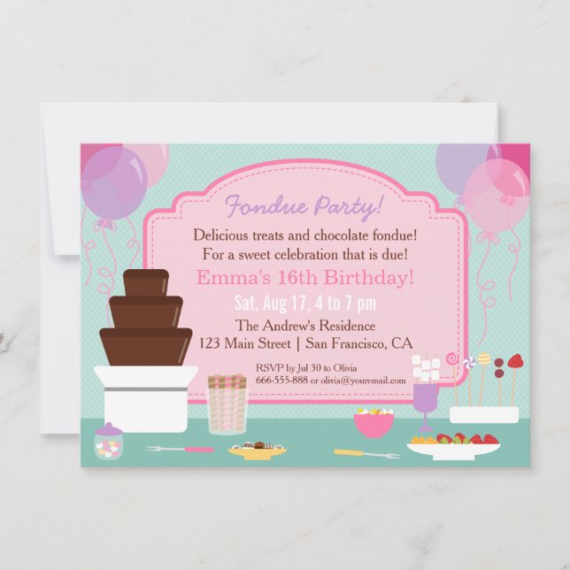 Invitaciones de cumpleaños para niñas con fondue d (Anverso)