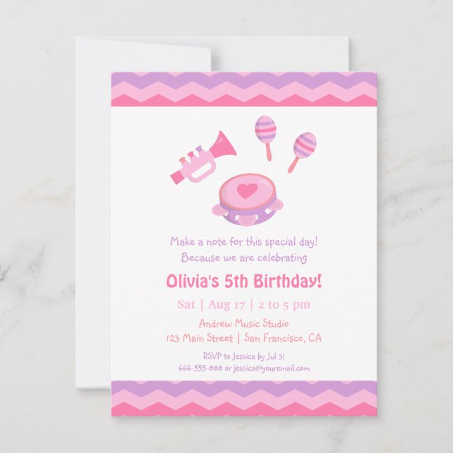 Invitaciones de Cumpleaños para Niñas con Instrume (Anverso)