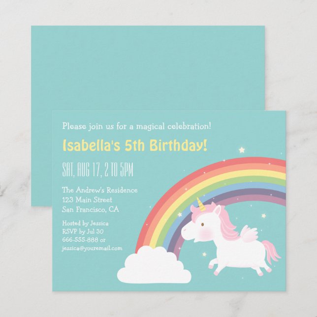 Invitaciones de cumpleaños para niñas con unicorni (Anverso / Reverso)