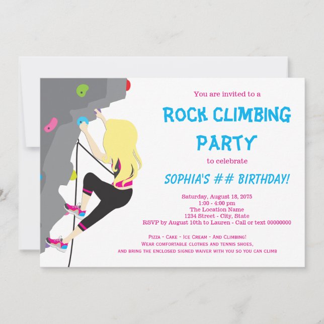 Invitaciones de cumpleaños para niñas de escalada  (Anverso)