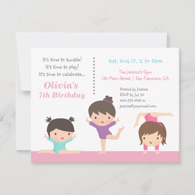 Invitaciones de Cumpleaños para Niñas de Gimnasia  (Anverso)