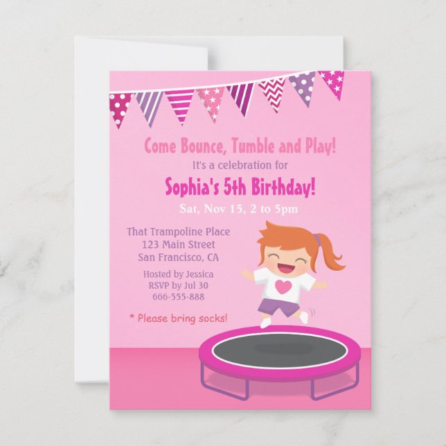 Invitaciones de cumpleaños para niñas en trampolín (Anverso)