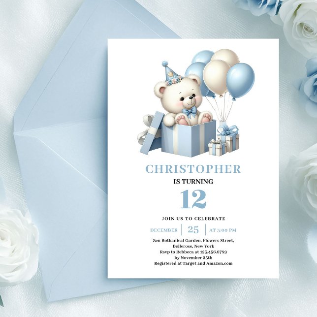 Invitaciones de cumpleaños para niño azul polvorie (Darling teddy bear dusty blue boy birthday invitation

)