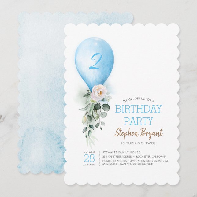 Invitaciones de cumpleaños para niño con globo azu (Anverso / Reverso)