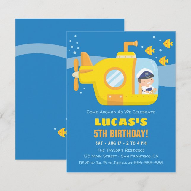 Invitaciones de cumpleaños para niño submarino ama (Anverso / Reverso)