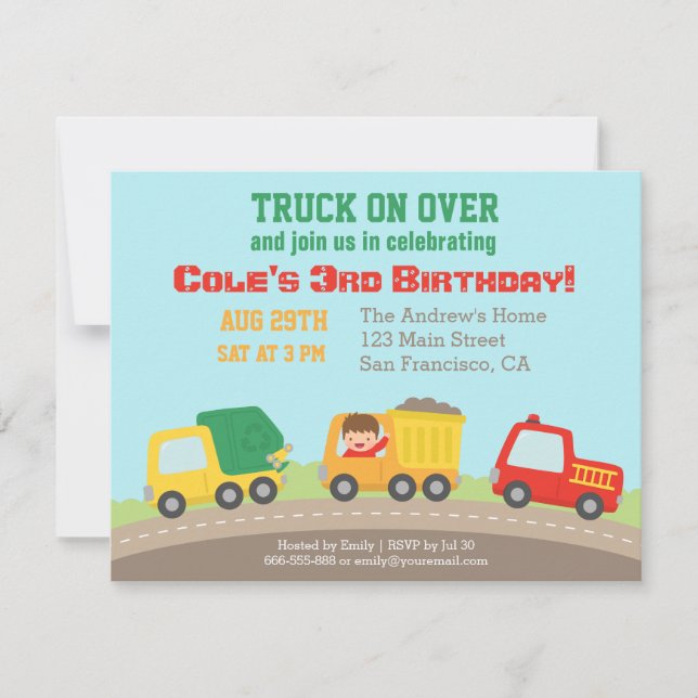 Invitaciones de cumpleaños para niños con camiones (Anverso)