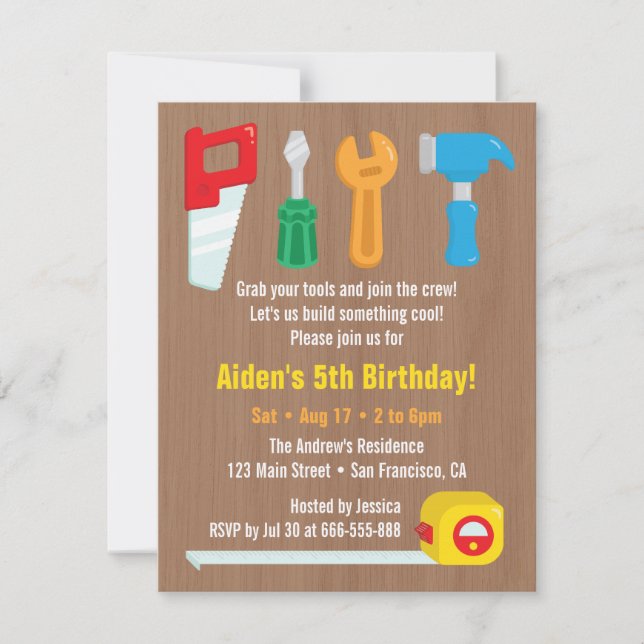 Invitaciones de cumpleaños para niños con herramie (Anverso)