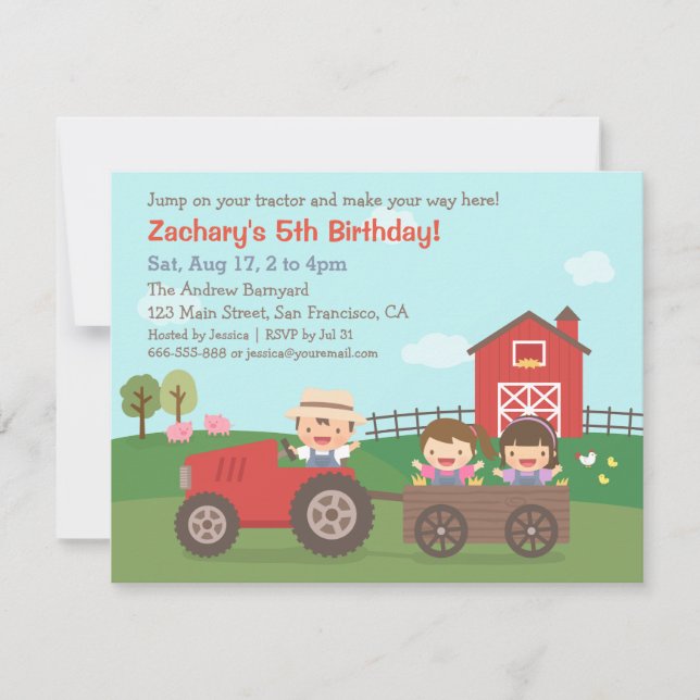 Invitaciones de cumpleaños para niños con tractor  (Anverso)