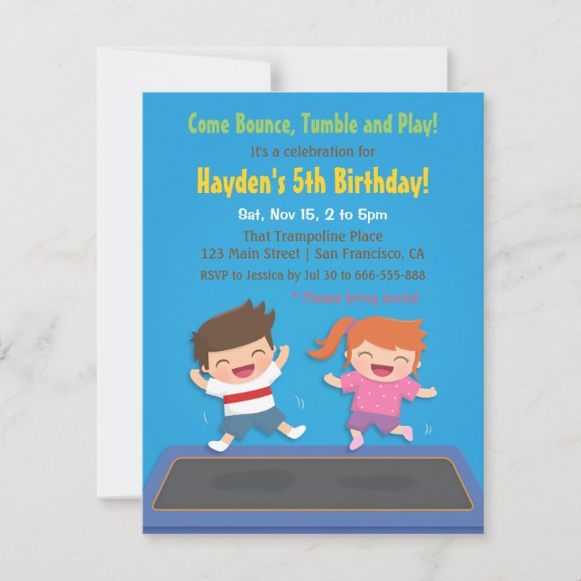 Invitaciones de cumpleaños para niños con trampolí (Anverso)
