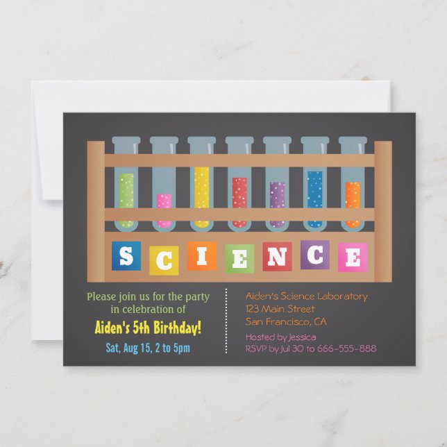 Invitaciones de cumpleaños para niños de ciencia d (Anverso)