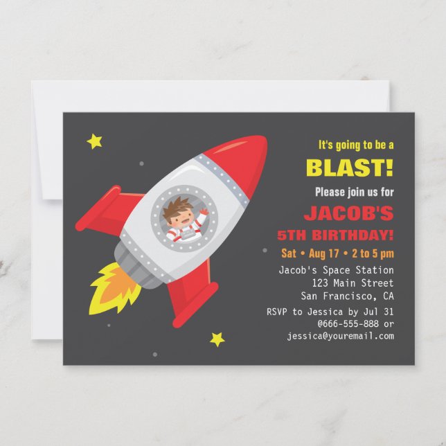 Invitaciones de cumpleaños para niños de nave espa (Anverso)