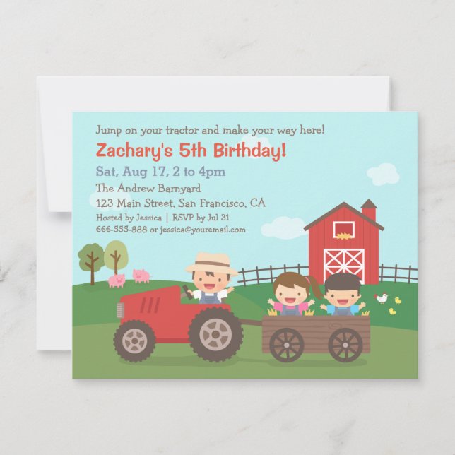 Invitaciones de cumpleaños para niños de Tractor d (Anverso)