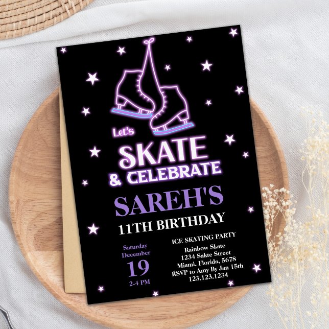 Invitaciones de cumpleaños para patinar sobre hiel (Black Ice Skating Birthday Invitations)