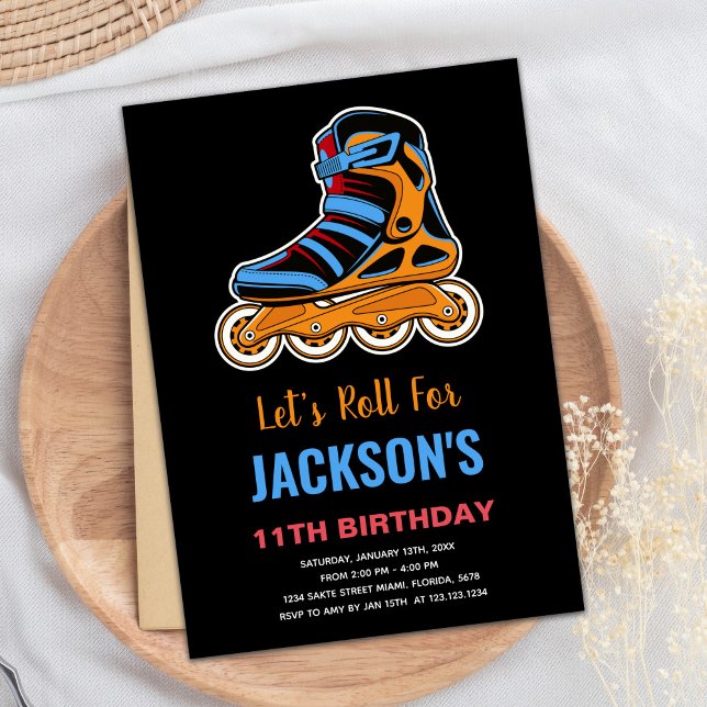Invitaciones de cumpleaños para patinar sobre pati (Black Orange Roller Skating Birthday Invitations)