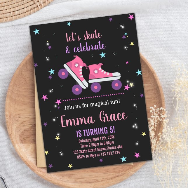 Invitaciones de cumpleaños para patinar sobre púrp (Pink Purple Skating Birthday Invitations)