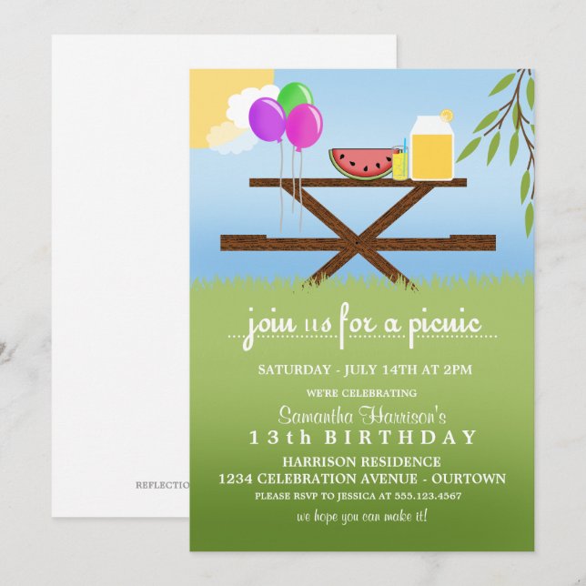 Invitaciones de cumpleaños para picnic de verano (Anverso / Reverso)