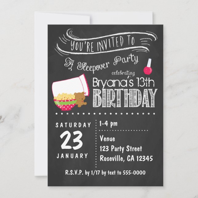 Invitaciones de cumpleaños para pijamada con pizar (Anverso)