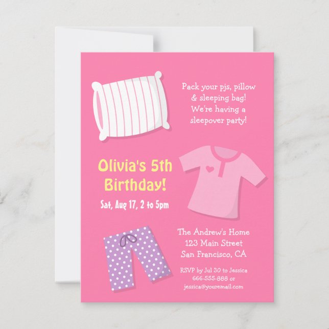 Invitaciones de cumpleaños para pijamada de chicas (Anverso)