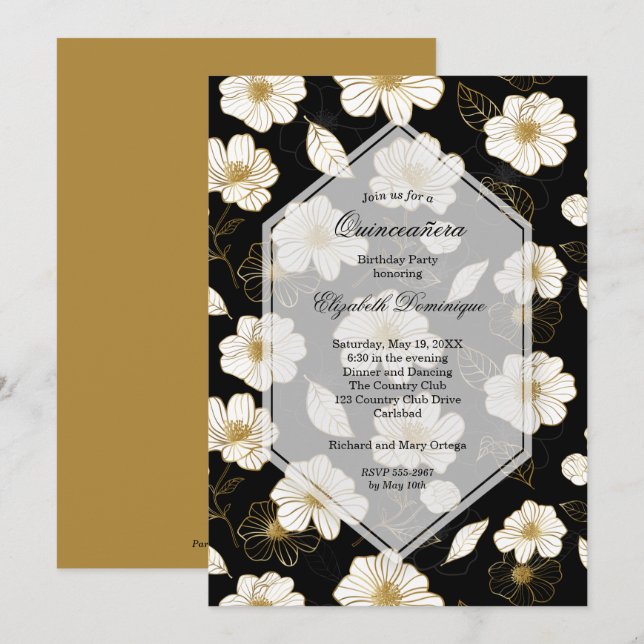 Invitaciones de cumpleaños para Quinceañera con fl (Anverso / Reverso)