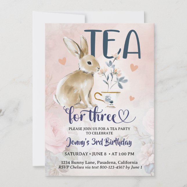 Invitaciones de cumpleaños para tres con conejo Bu (Anverso)