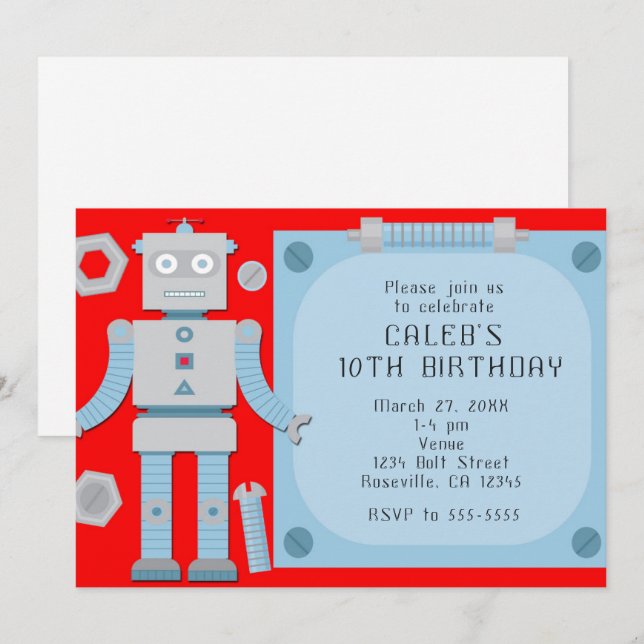 Invitaciones de cumpleaños personalizadas de robot (Anverso / Reverso)