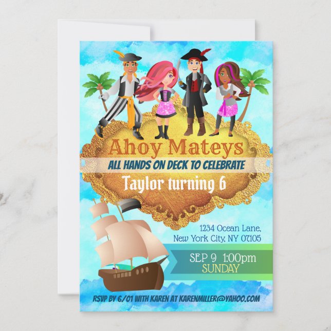 Invitaciones de cumpleaños piratas (Anverso)