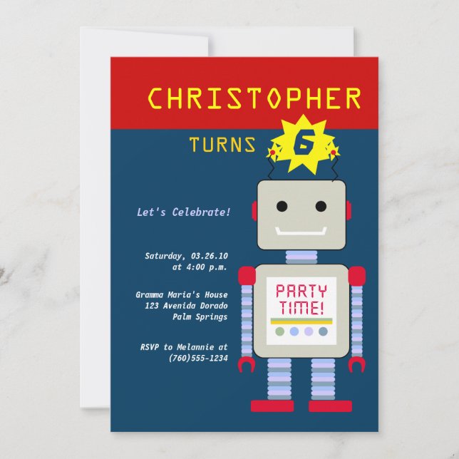 Invitaciones de cumpleaños robots (Anverso)