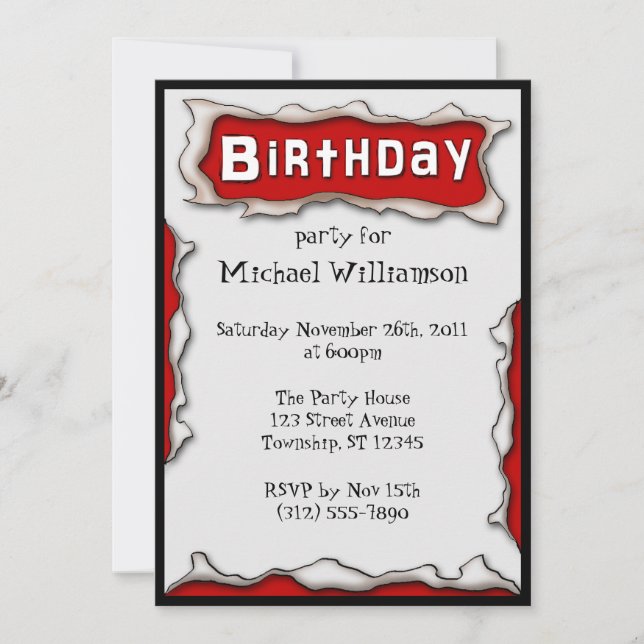 Invitaciones de cumpleaños rojos a Comic Torn Pape (Anverso)