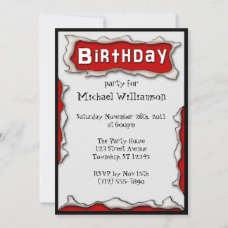 Invitaciones de cumpleaños rojos a Comic Torn Pape